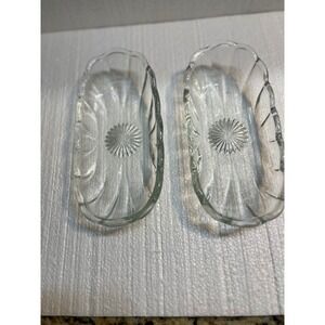 Set of 2 Clear Glass Oval‎ Relish Dishes Starburst Center Scalloped Edge
